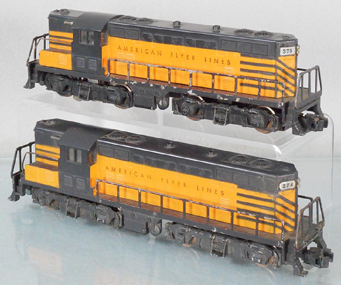 AMERICAN FLYER 374/375 T&P GP7 DIESELS: S ga, power unit & dummy loco, both missing T&P decals, C6.