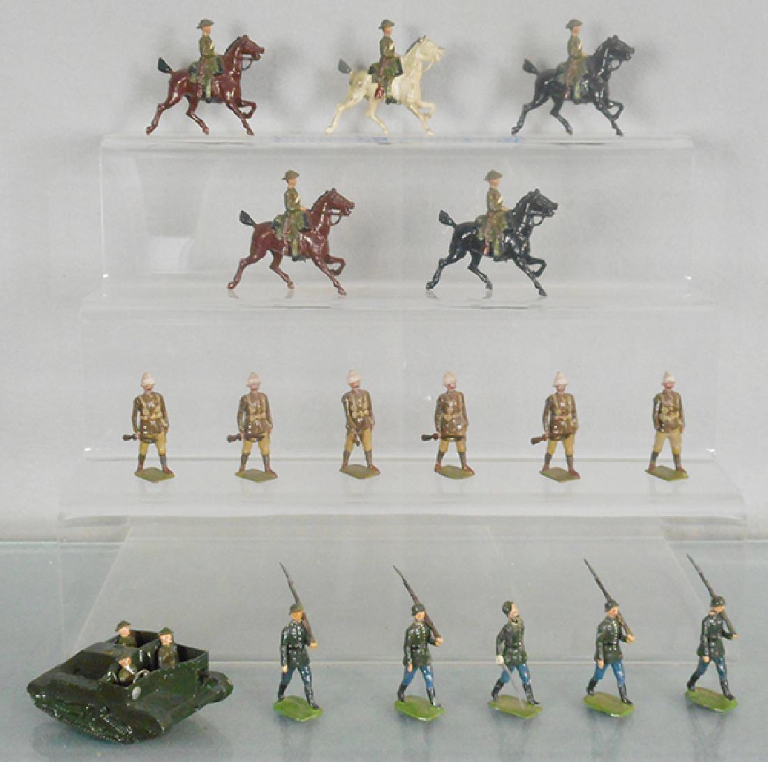 BRITAINS SOLDIERS: Australian Cavalry, 5 pieces, 109 Royal Dublin Fusiliers, 6 pieces, 1 gun broken, 432 German Infantry, 5 pieces, 2 heads repaired, 1876 Bren Gun w/3 figures, C5-7.