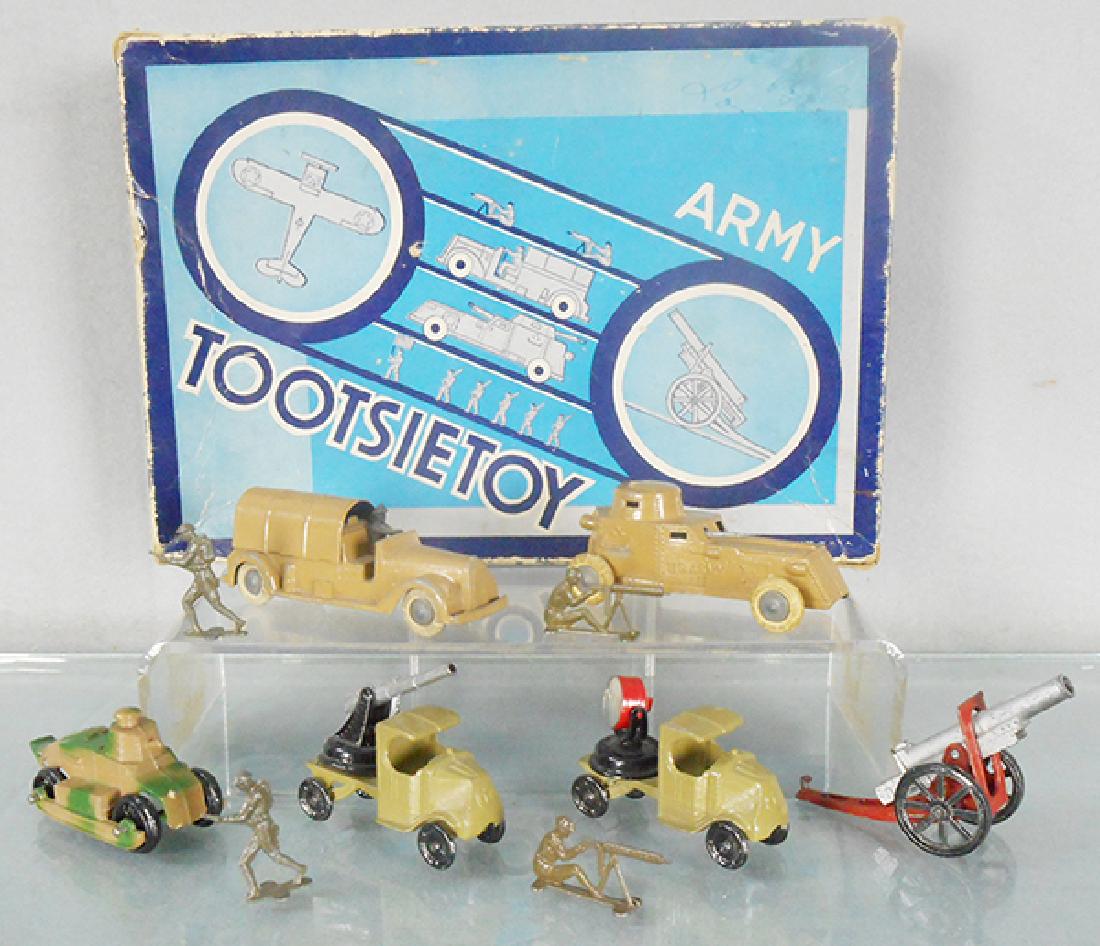 TOOTSIETOY 650 ARMY SET: 4634 Supply Truck, 4635 Armored Car, 4647 Renault Tank, missing treads, 4643 Mack AA Gun, 4644 Mack Searchlight, 4642 Cannon w/3 Soldiers, orig set box worn, no insert, C6-8.
