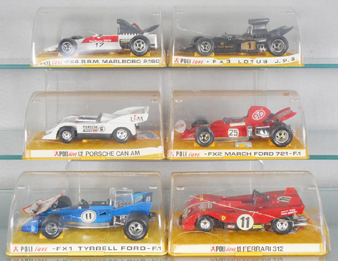 6 POLITOY RACERS: FX1 Tyrrell, FX2 March, FX3 Lotus, FX4 BRM, L1 Ferrari, L2 Porsche, orig boxes minor wear, 3 cases have cracks, orig boxes minor wear, C9.