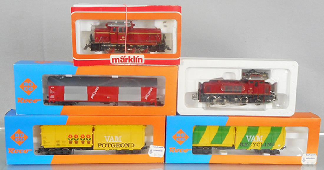 MARKLIN & ROCO TRAINS: HO ga, Marklin 3665 & 3157 locos, w/incom orig boxes, Roco 4387A, 4368B, 4368C freight cars, orig boxes, C7-8.
