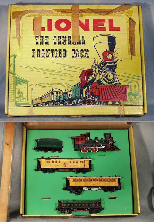 071A: LIONEL 1800 GENERAL FRONTIER PACK SET: O ga, 1862 loco, 1862T tender, 1866 US Mail baggage, 1865 coach, 1877 horse car, orig set box worn & taped, C7.