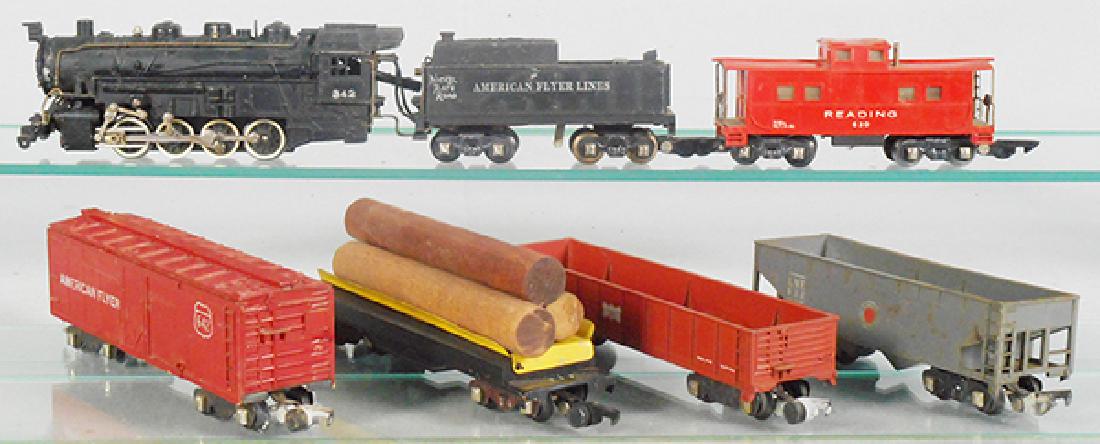 AMERICAN FLYER TRAIN SET: S ga, 342 switcher loco & tender, w/repro boiler front, 642 box car, 717 log dump, 641 Frisco gondola, 632 Lehigh hopper, step chipped, 630 caboose, C5-6.