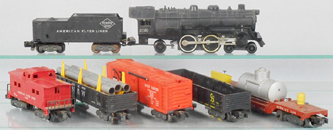 AMERICAN FLYER TRAIN SET: S ga, 21160 loco & tender, 24533 track cleaning car, 24109 C&O gondola, coupler broken, 984 NH box car, 1 corner cracked, 24103 N&W pipe gondola, 24603 caboose, C7-8.