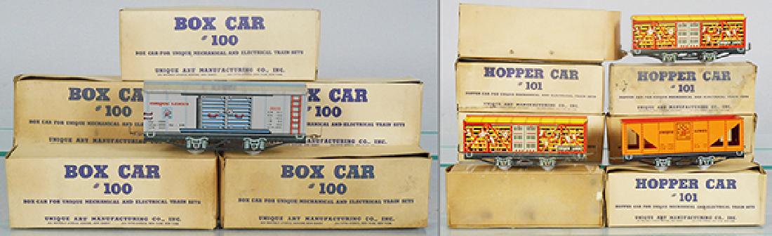 UNIQUE ART FREIGHT CARS: 6 #100 box cars, 5 #101 hoppers, 2 cattle cars, orig boxes worn, C8-9.