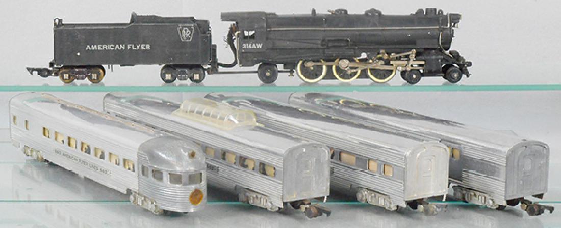 AMERICAN FLYER TRAIN SET: S ga, 314AW loco & tender, tender has whistle, 660 combine, 661 coach, 662 vista dome, 663 obsv, C6-7.