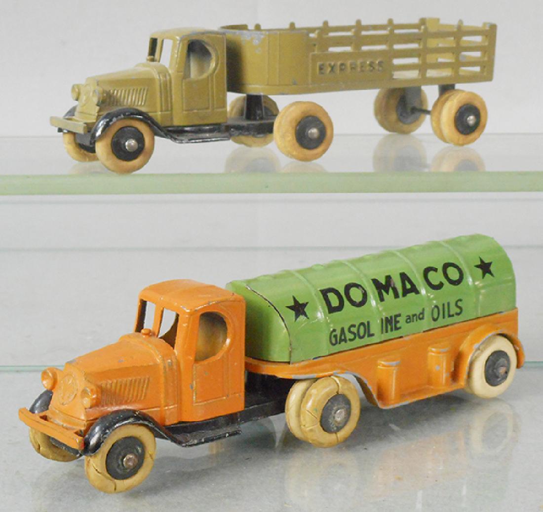 2 TOOTSIETOY MACK TRUCKS: 801 Express Truck, khaki, 2 tires flat, 802 Domaco, orange & green, C6-7.