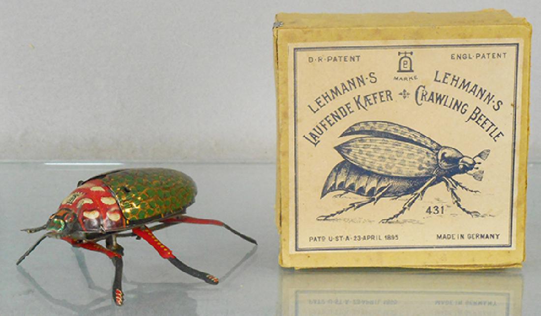 LEHMANN 431 CRAWLING BEETLE: litho tin, windup working, 4 1/4 in long, orig box worn, 1 top corner edge flap incom, C7-8.