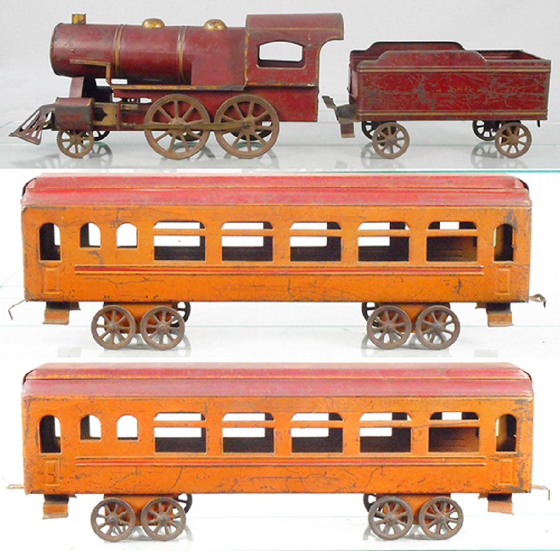 OHIO FRICTION TRAIN SET: painted pressed steel, loco is 20 in long, tender is 12 in long, w/2 coaches, 24 in long each, C5-6.