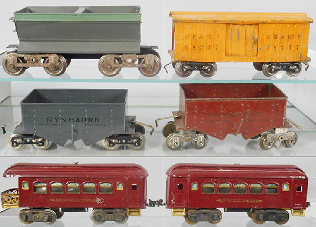6 LIONEL CARS: std ga, 16 hopper, repainted, 114 box car, 2 #116 hoppers, 1 restored, 35 Pullman, 36 obsv, C4-6.