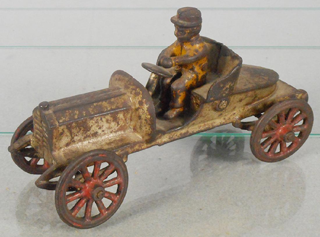 AC WILLIAMS RUNABOUT: painted cast iron, silver, paint worn, 7 1/4 in long, C4-5.