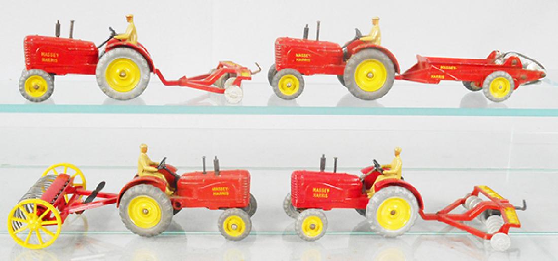 DINKY FARM VEHICLES: 4 #27A Massey Harris Tractors, 3 are chipped, C4-5, other is C6-7, w/accessories 2 #27H disc harrows, 27C manure spreader, 27K hay rake, C4-6.