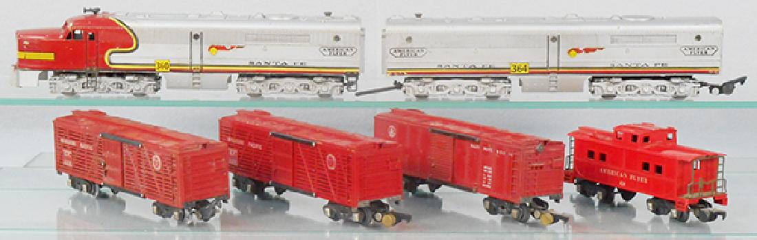 AMERICAN FLYER TRAIN SET: S ga, 360-364 Santa Fe AB diesels, minor decal chips, 2 #629 MP stock, 633 B&O box car, 638 caboose, C5-6.