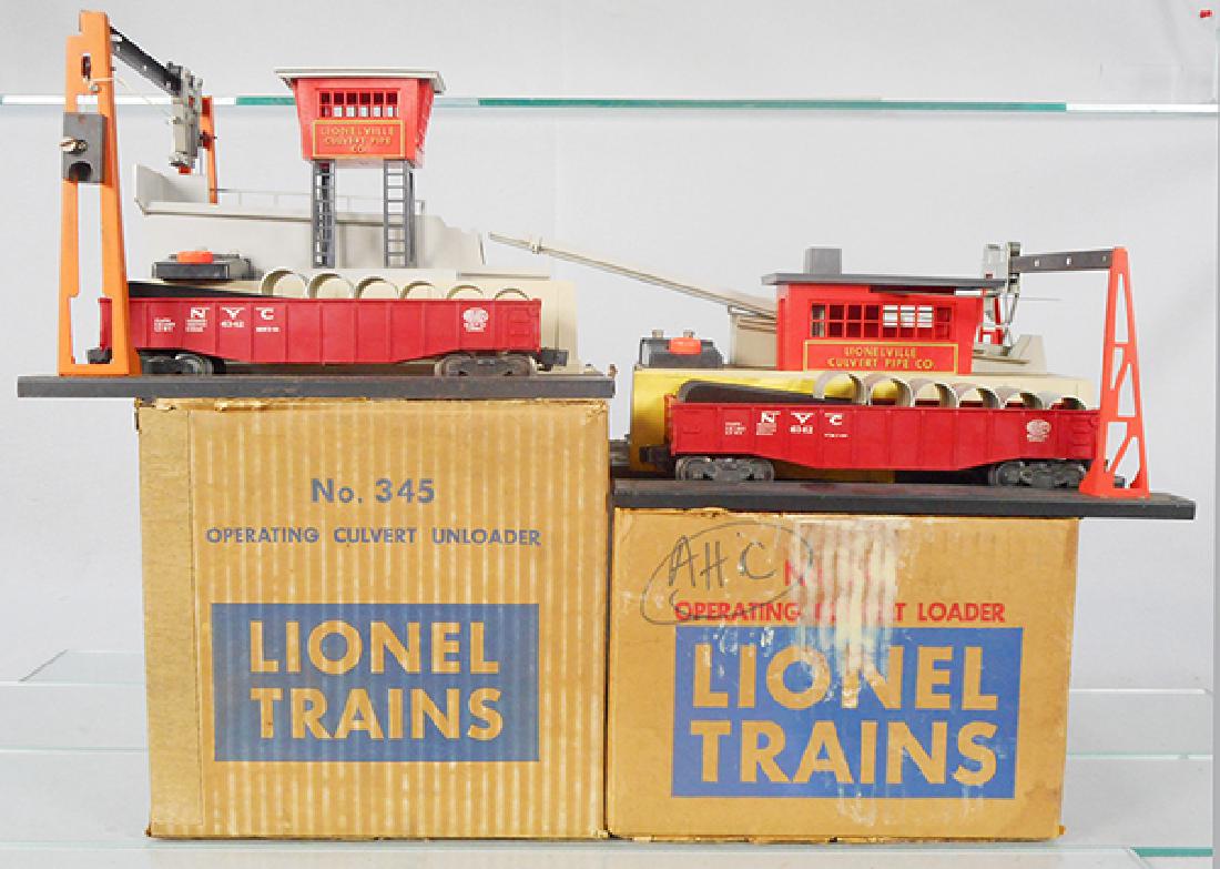 2 LIONEL ACCESSORIES: O ga, 345 culvert unloader, 342 culvert loader, w/2 #6342 culvert cars & bridge, orig boxes worn, C7.