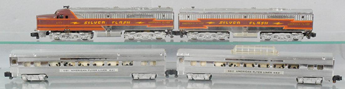 AMERICAN FLYER TRAIN SET: S ga, 477 Silver Flash loco, 478 B unit, w/661 & 662 coaches, conversion couplers, all are chrome plated, C7-8