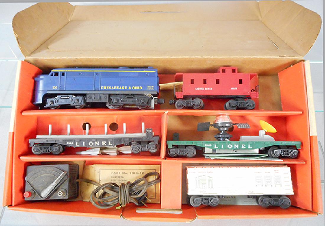 LIONEL 1643 TRAIN SET: O ga, 230 C&O Alco, 6844 missile car, 6050 bank car, 3509 satellite launching car, 6057 caboose, orig set box & inserts minor wear, C7.