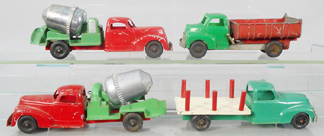 4 HUBLEY TRUCKS: die cast, plastic & tin, 2 #477 cement mixers, 477 stake truck, 475 dump truck, 8 1/2 to 10 in long, C4-5.