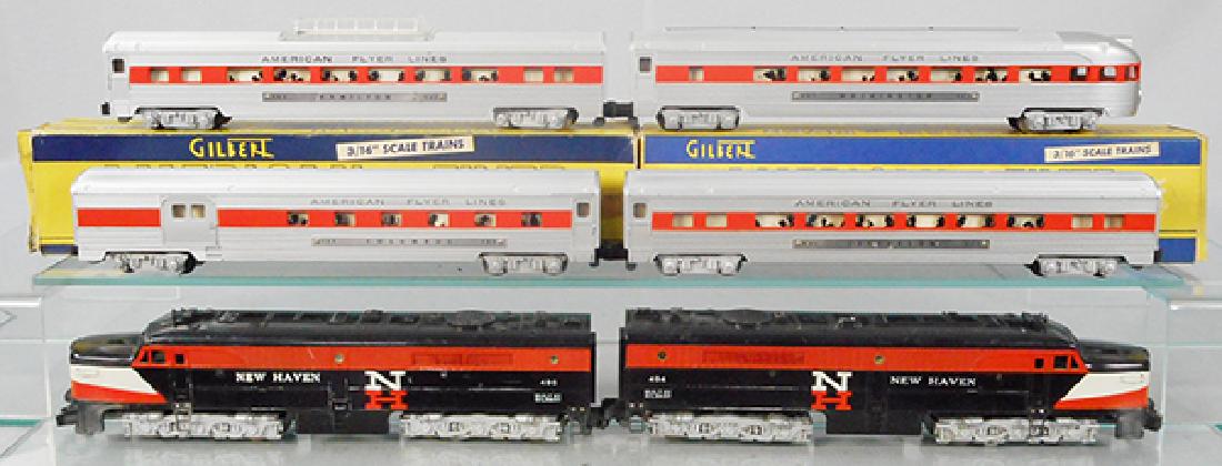 AMERICAN FLYER TRAIN SET: S ga, 494 & 495 New Haven diesels, 495 has melt marks, 960 Columbus combine, 961 Jefferson Pullman, 962 Hamilton vista dome, 963 Washington obsv, w/diesel horn & 2 boxes of track, 2 orig car boxes onl