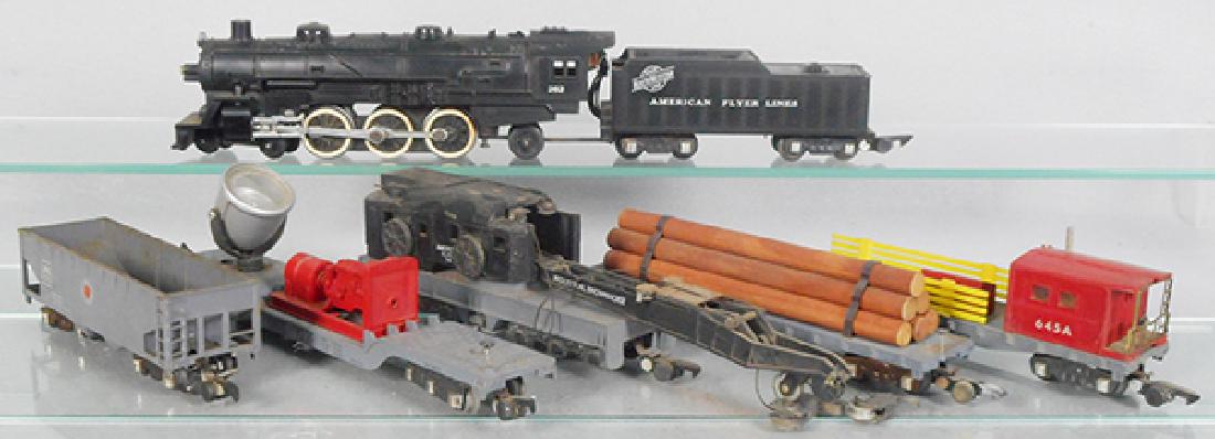 AMERICAN FLYER TRAIN SET: S ga, 282 loco & tender, 632 Lehigh Valley hopper, 646 searchlight, 644 crane, 628 log flat, 645A work caboose, C5-7.