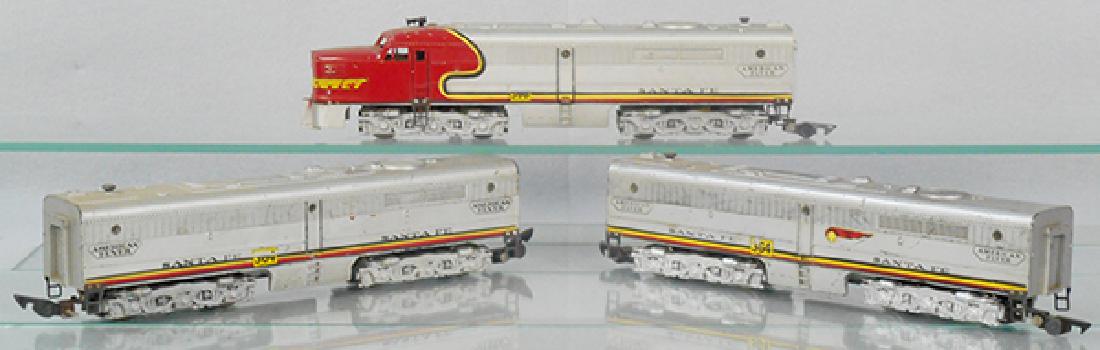 AMERICAN FLYER DIESEL LOCOS: S ga, 360 Santa Fe A unit, horns broken, 2 #364 B units, overall decals worn or missing, missing 1 step, C4.