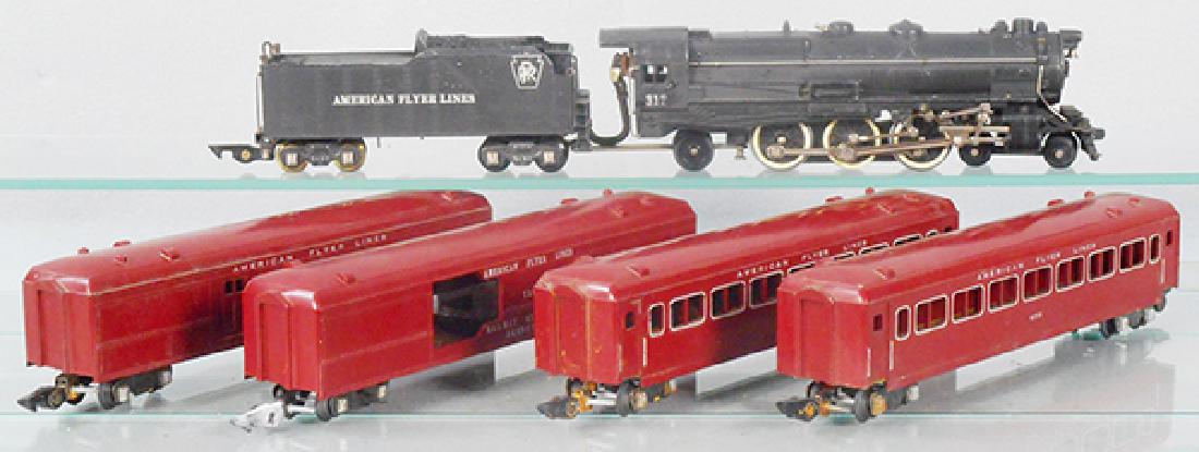 AMERICAN FLYER TRAIN SET: S ga, 312 loco & tender, 651 baggage, 718 operating mail car, 2 #655 coaches, oxidation on trucks, C6-8.
