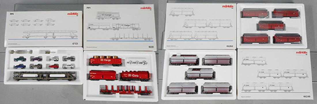 4 MARKLIN CAR SETS: HO ga, 47121, 46220, 46249, 46262, w/hood ornaments on tree, orig boxes, C9-10.