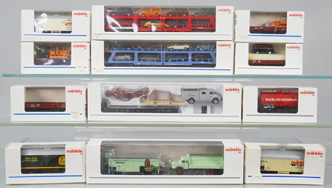 12 MARKLIN CARS: HO ga, 00755-12, 4424, 5M-00752, 4471, 2113A, 84416F, 2505A, 4424, 48007, 48114, 42341, 4233, orig boxes & inserts minor wear, 1 worn, C9-10.