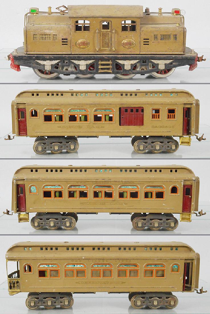 LIONEL TRAIN SET: std ga, 402E loco, rewheeled, oxidation spots & heavy playwear, 419 baggage, missing 1 doorhandle & step, 418 Parlor, 490 obsv, C3-4.