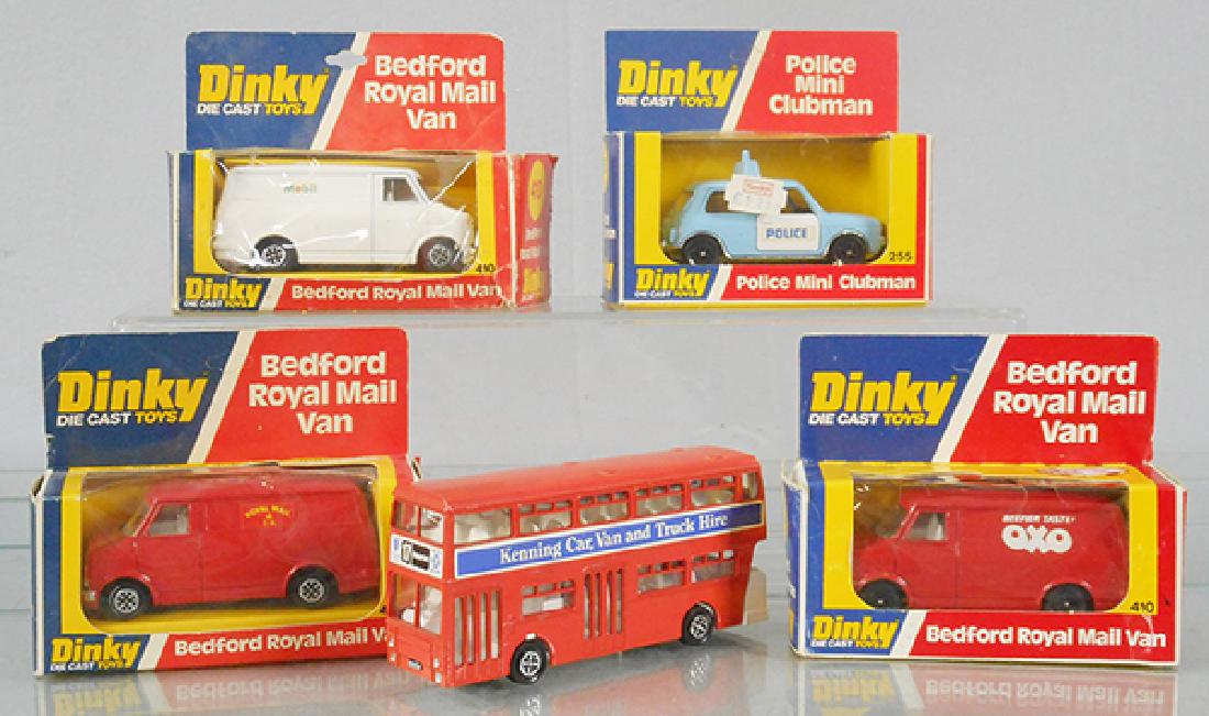 5 DINKY VEHICLES: 410 Royal Mail, 410 Oxo, 410 Mobil, 255 Police Mini Clubman, orig boxes, 2 w/some wear, 1 worn, C9, w/291 Atlantean Bus, C8-9.