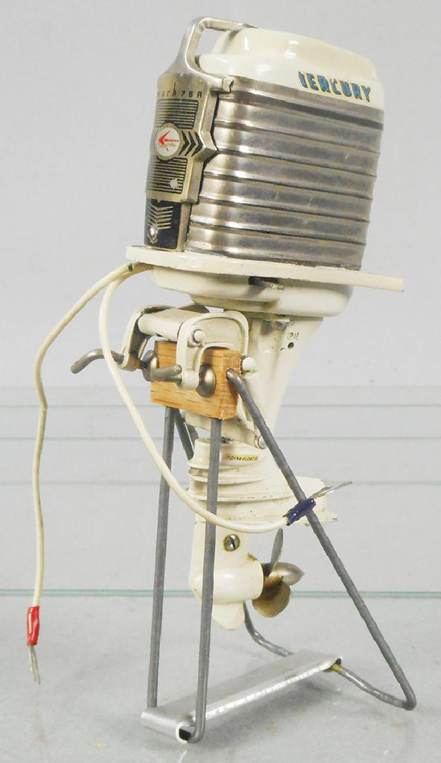 MERCURY MARK 78A OUTBOARD MOTOR: Japan, metal, batt op, not tested, 6 in tall, w/stand, engine cover & rail touched up, some decal wear, C4.