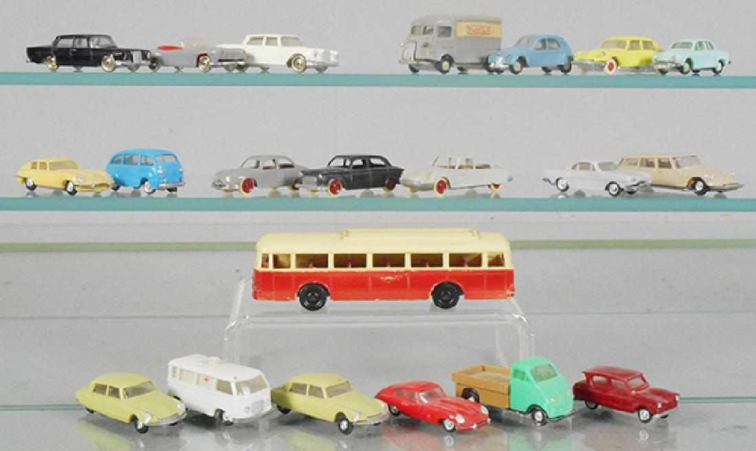21 EUROPEAN CARS: plastic, 3 Lego, 4 Norev, 4 Jouef, 10 Eko, some are dirty, C5-8.