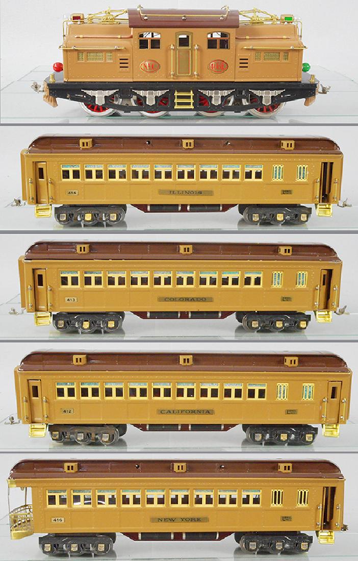 WILLIAMS & LION LINES STATE SET: std ga, Williams 408E loco, double motor, w/Lion Lines cars 412, 413, 414, scratch on clerestory edge, 415, orig car boxes only, C8-9.