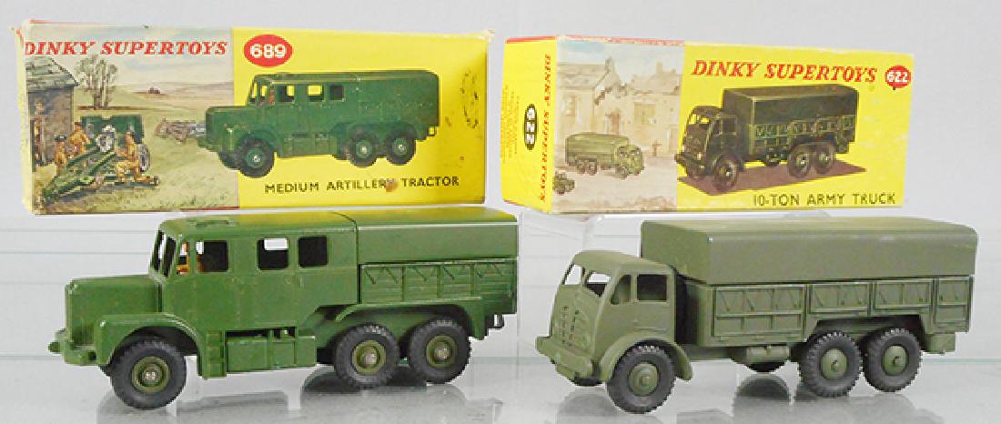 2 DINKY MILITARY VEHICLES: 689 Medium Artillery Tractor, 622 10-ton Army Truck, orig boxes minor wear, C8-9.
