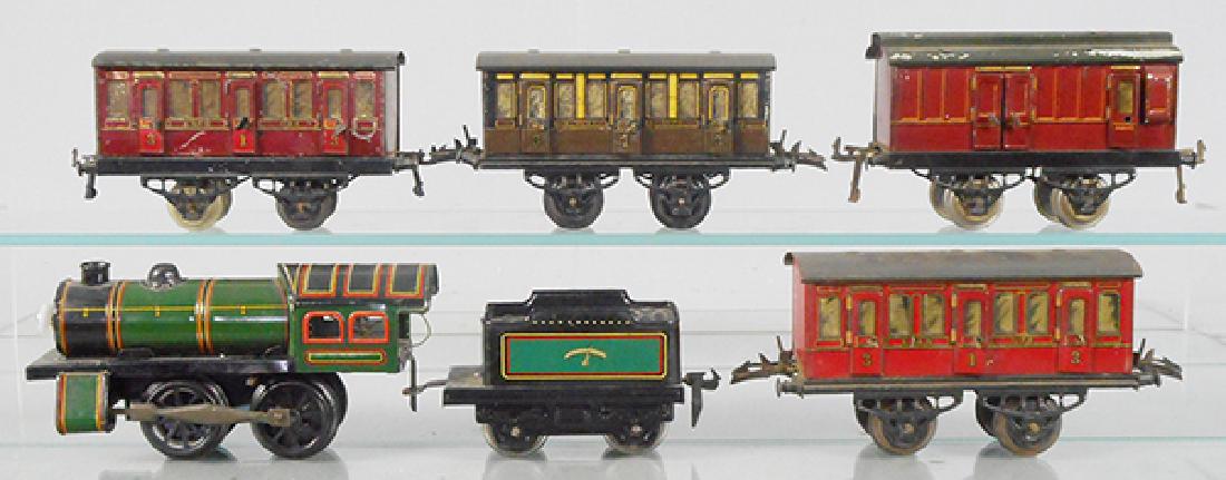 BING & HORNBY TRAIN SET: O ga, litho tin, Bing Windcutter loco, windup working, electric headlights, tender, Hornby 3 coaches, guard van, missing 3 doorhandles, paint flaking on roof, C5-6.