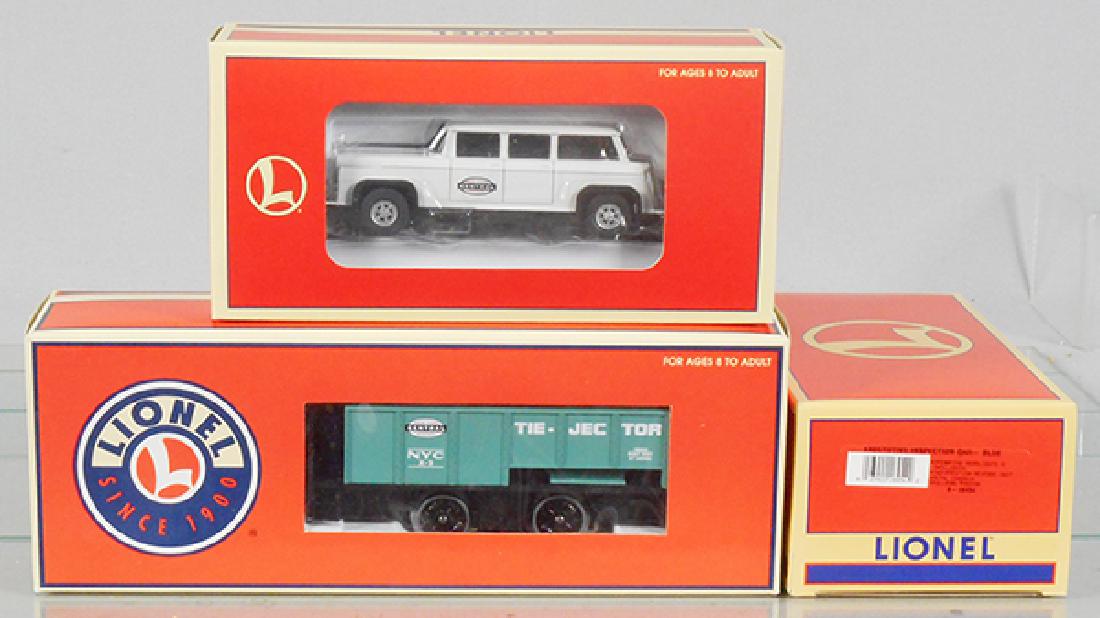 3 LIONEL MOTORIZED UNITS: O ga, 18430 Crew Car, 18454 Inspection Car, 18455 Tie-Jector, orig boxes & inserts, C9.