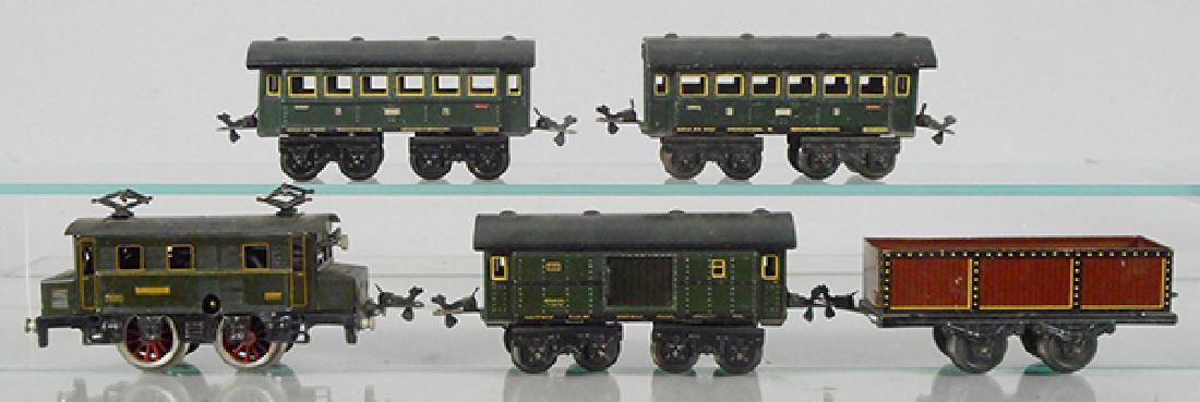 KARL BUB TRAIN SET: O ga, litho tin, windup working, loco, 2 coaches, baggage & gondola, C6.