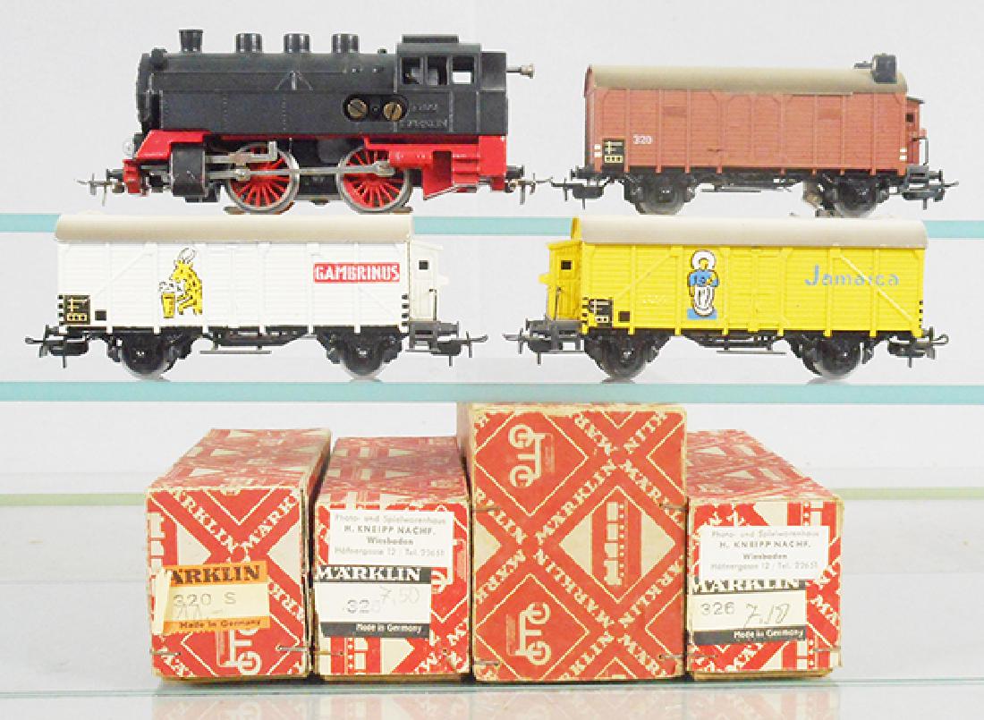 MARKLIN FREIGHT TRAIN SET: HO ga, T800 tank loco w/cars 320, 324 Gambrinus, 324 Jamaica, orig boxes w/wrap & paper worn, 2 car boxes marked for 325 & 326, C5-7.