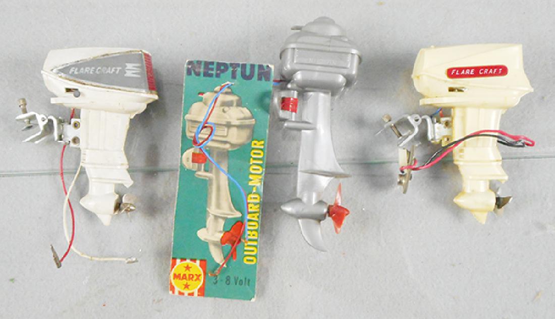3 TOY OUTBOARD MOTORS: plastic & metal, batt ops, not tested, 50 Flare Craft Lark, 3 1/2 in tall, Marx Neptun, Germany, 4 5/8 in tall, w/orig box piece only, Flare Craft motor, has glue residue where battery connects to mot