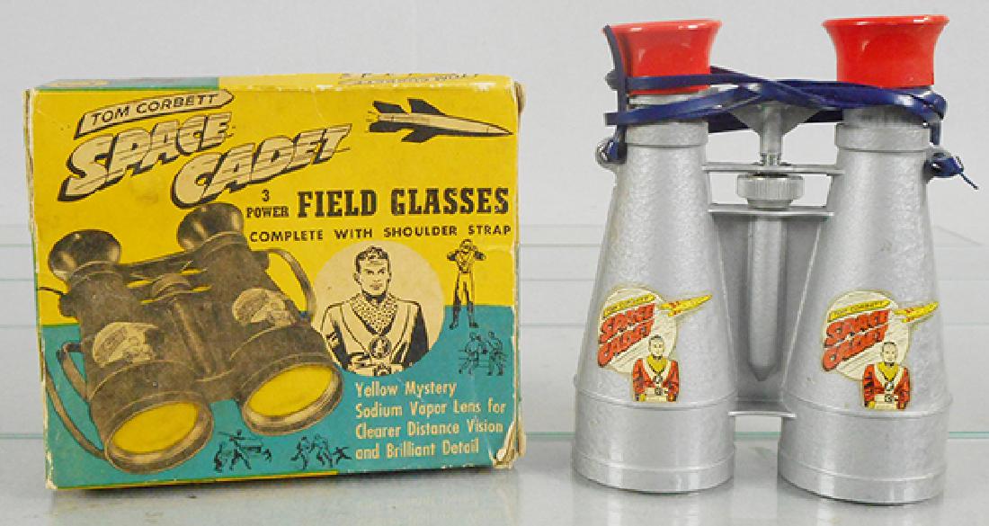TOM CORBETT SPACE CADET FIELD GLASSES: die cast & plastic, 5 1/2 in tall, orig box worn, C8.