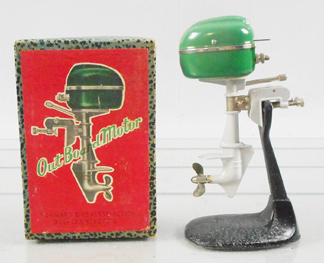 TOY OUTBOARD MOTOR: Japan, metal, batt op, not tested, 4 3/4 in tall, stand not included, orig box some wear, C8-9.