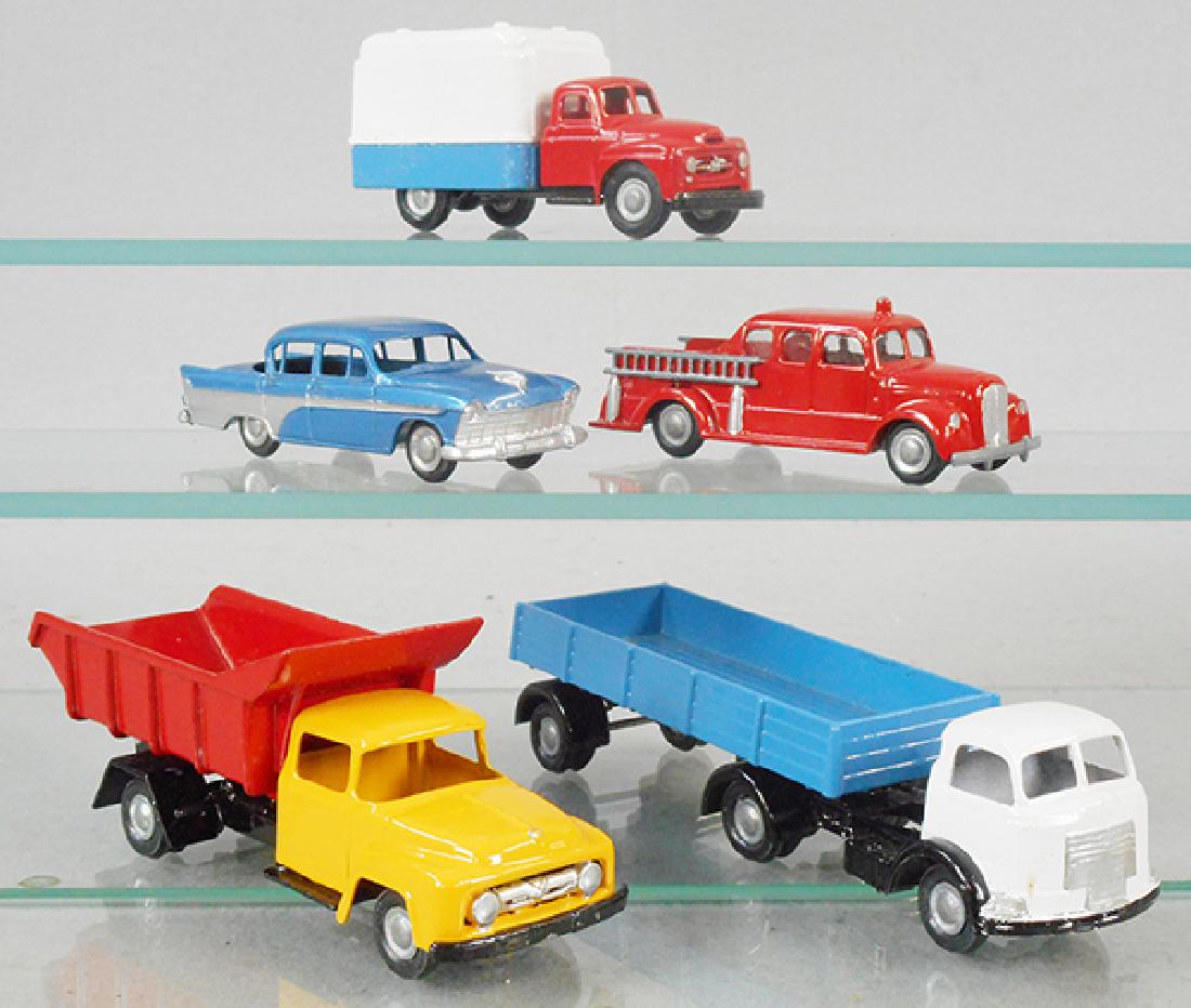 5 MICRO MODEL VEHICLES: G/37 Dump Truck, GB/19 Tractor Trailer, G/40 Chrysler, GB/13 Fire Truck, International Box Truck, die cast pimpling, C7-9.