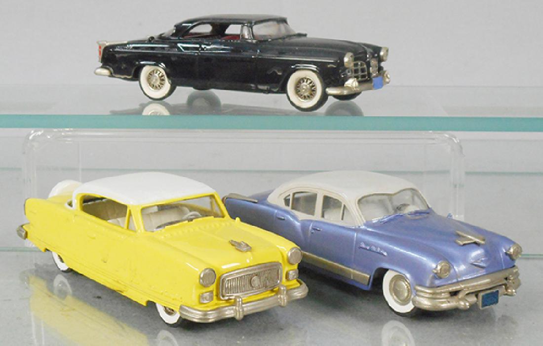 3 BROOKLIN AUTOS: white metal, #19 1955 Chrysler 300, #34A 1954 Nash Ambassador, #29 1953 Kaiser Manhattan, C8.