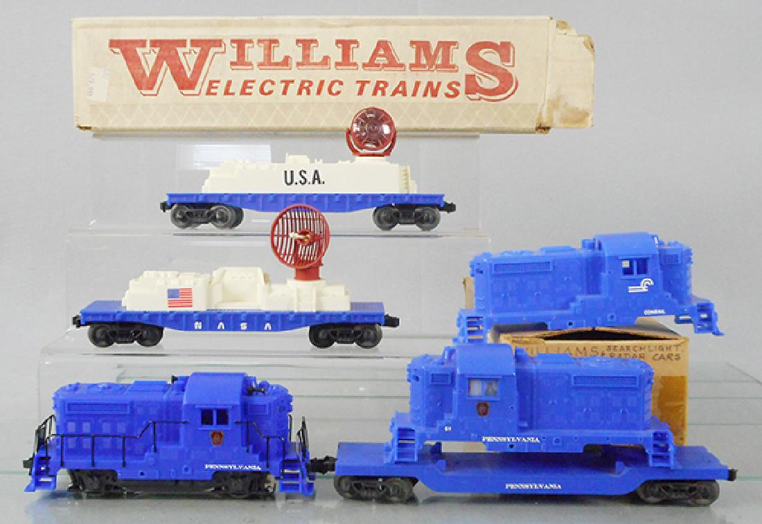 WILLIAMS SAMPLE & PREPRODUCTION LOT: O ga, PA loco, 2 unfinished loco shells, 3 flat cars, 2 NASA cars, 1 has searchlight, other has satellite, made from Kusan dies, 2 orig boxes only, boxes minor wear, C9.