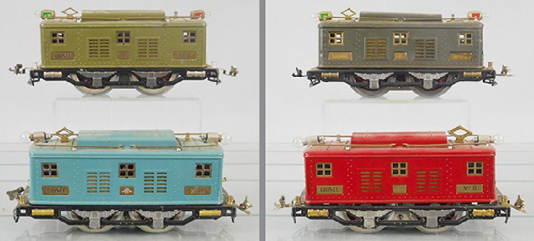 4 LIONEL 8 LOCOS: std ga, olive is rewheeled, gray is rewheeled w/McCoy pick up, blue is rewheeled w/McCoy pick up, red is rewheeled w/McCoy pick up, C6.