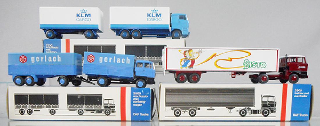 3 LION TOYS DAF TRUCKS: 74 KLM Cargo Truck & Trailer, 63 Gerlach Tractor Trailer, 59 Bisto, orig boxes minor wear, C9-10.