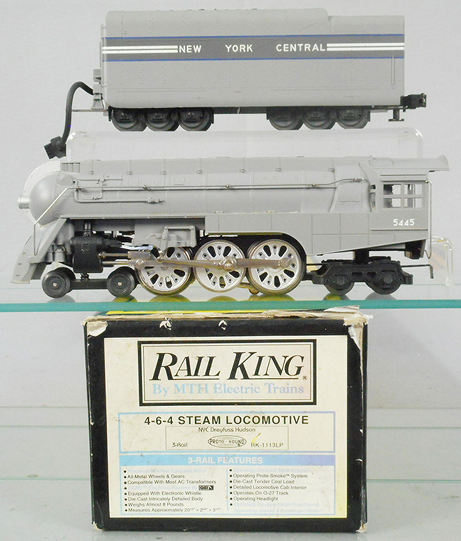 MTH RK1113LP DREYFUSS HUDSON LOCO & TENDER: O ga, w/smoke, orig box & insert worn & taped, C8.
