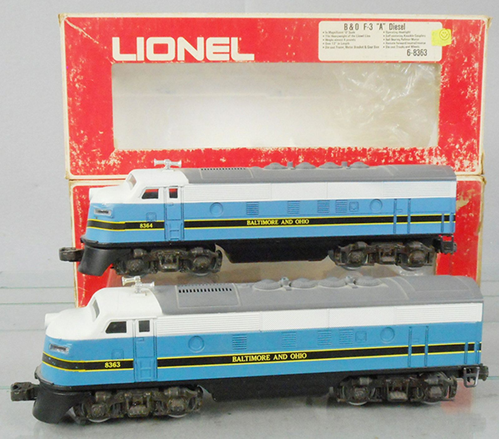 LIONEL 8363 B&O F3 DIESELS: O ga, 8363 power A, 8364 A unit, orig boxes & inserts worn, C7-8.