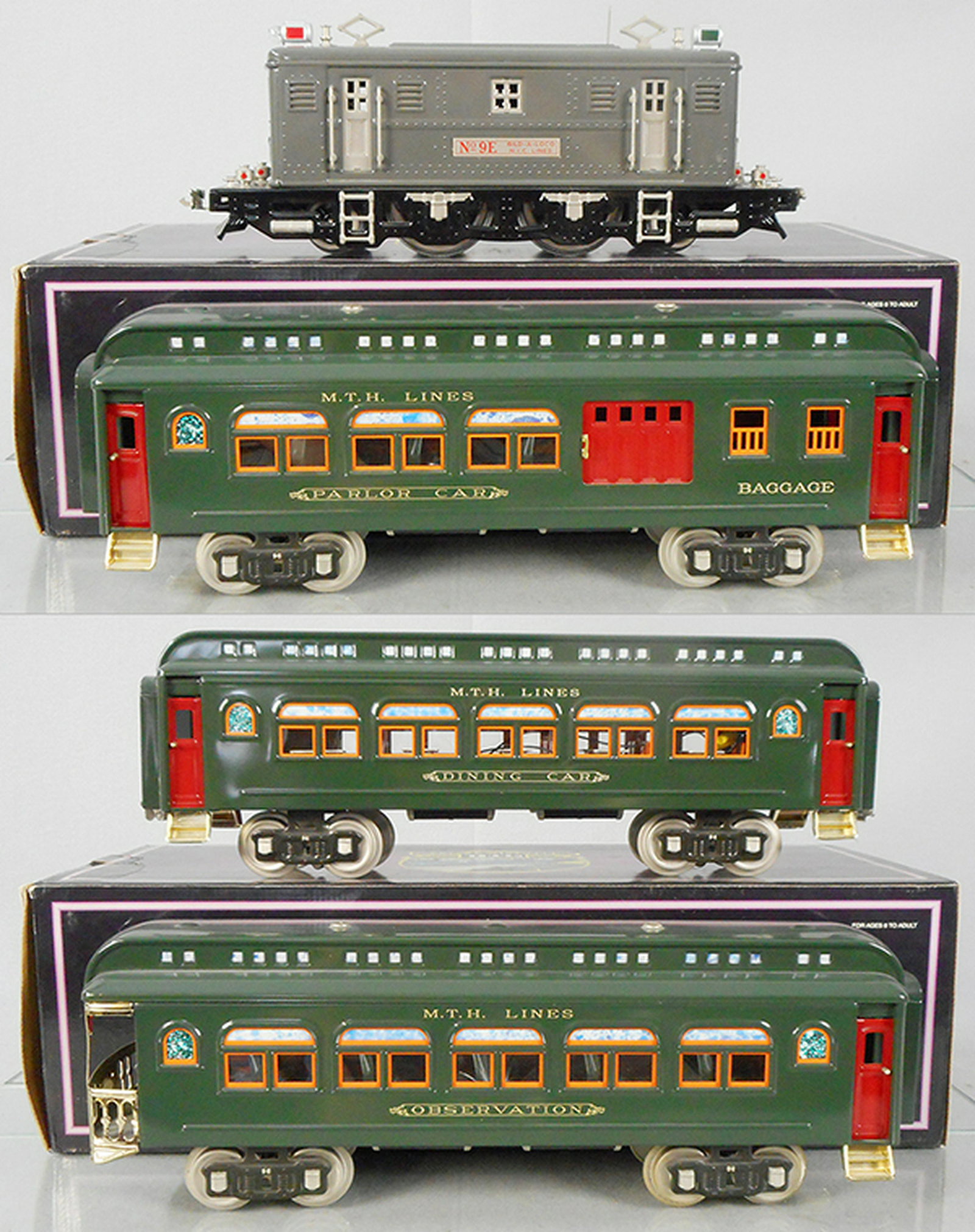 MTH LIONEL TRAIN SET: std ga, 10-1067-0 9E loco, gray w/nickel trim, 10-1107B 429 combine, 10-1107D 431 diner, 10-1107C 430 obsv, orig boxes & inserts, C9.