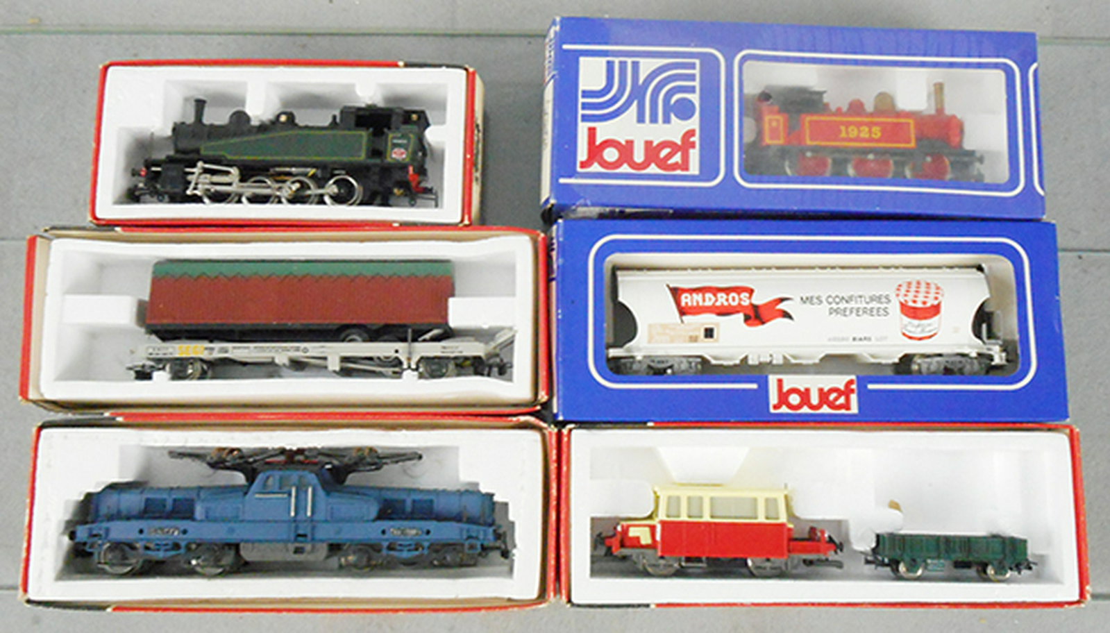 JOUEF TRAIN LOT: HO ga, 2-rail, 8292 tank loco, 6966 freight car, 8422 BB 13001 loco, 8296 tank loco, 6543 hopper, 8525M street car repair set, orig boxes minor wear, C8-9.