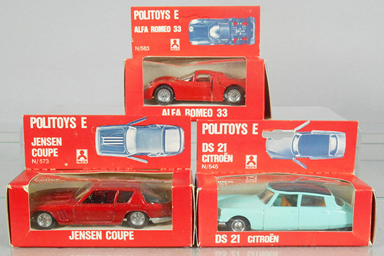 3 POLITOYS E VEHICLES: 583 Alfa Romeo 33, 573 Jensen Coupe, 545 Citroen DS21, orig boxes minor wear, C9.